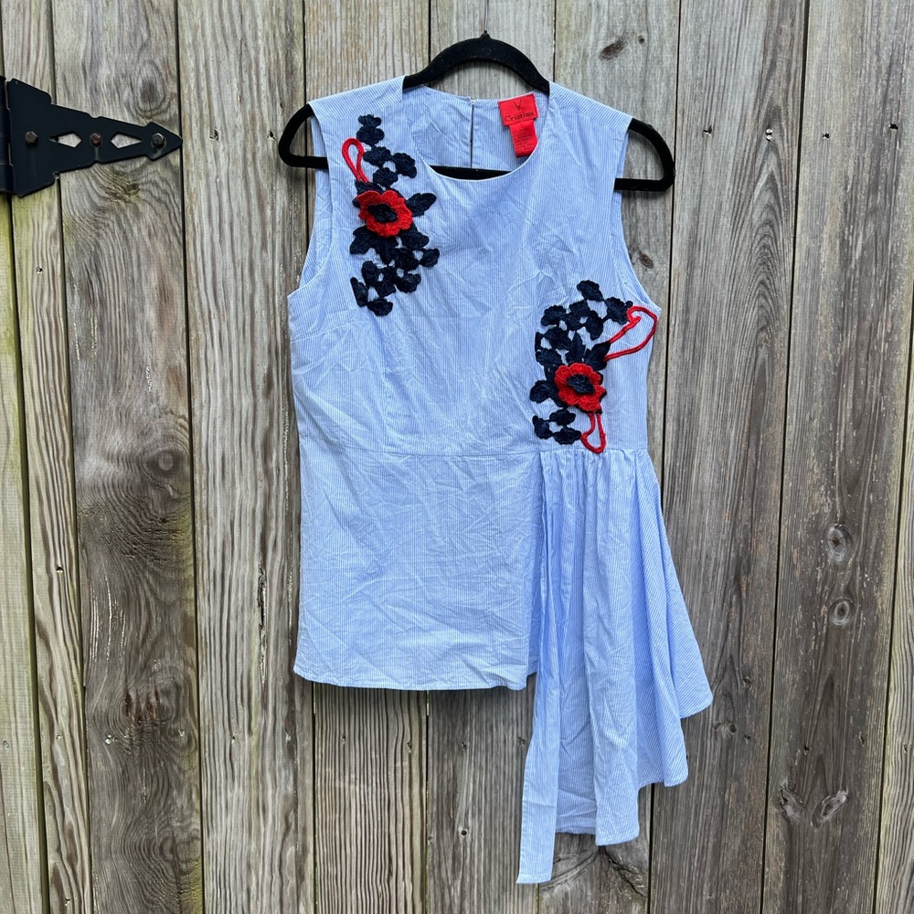 Cristina Blue White Pin Stripe Raised Floral Boho Sleeveless Top Women’s Large